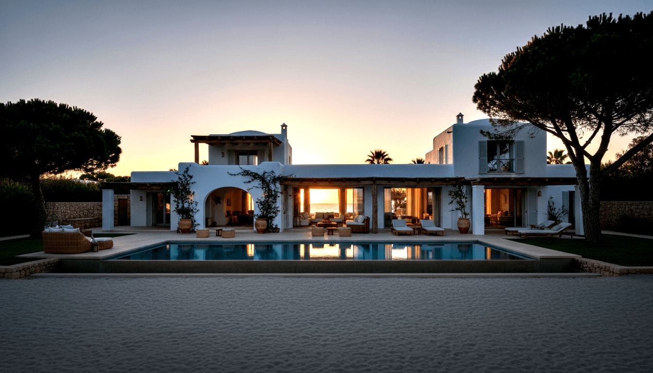 Whitewashed villa with rectangular pool flanked by tall pine trees, warm sunset light glowing through an open interior arch at dusk.