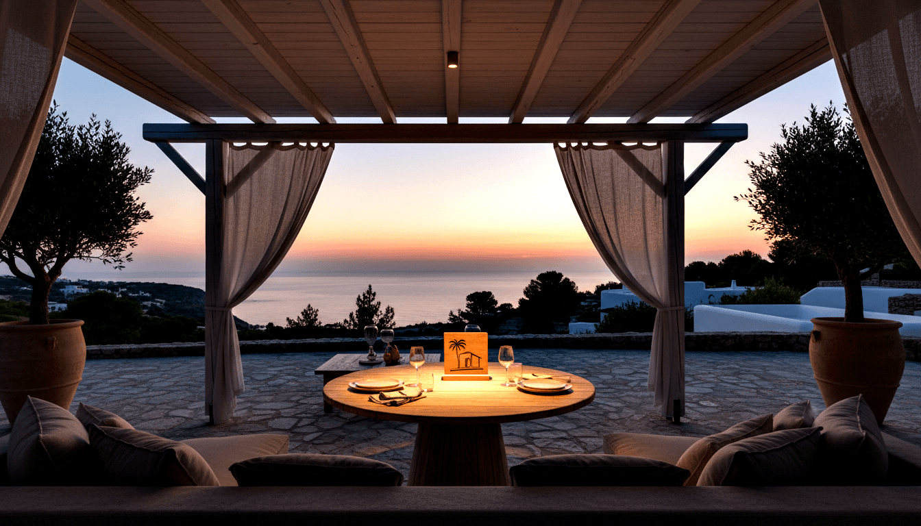 Romantic dinner table for two on stone terrace under pergola, white curtains, twilight amber ocean horizon beyond.