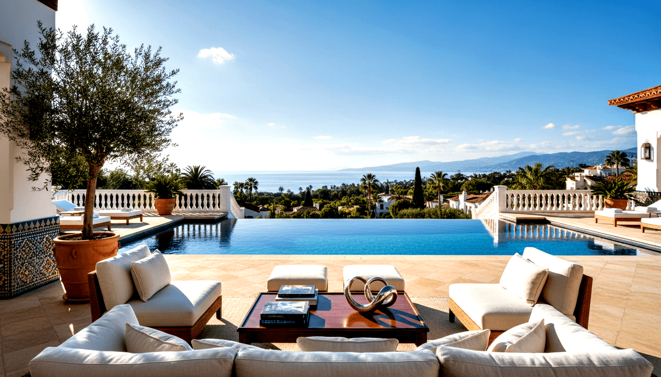 Outdoor terrace with white-cushioned seating around a dark wood coffee table, beside an infinity pool overlooking a bay and mountains.