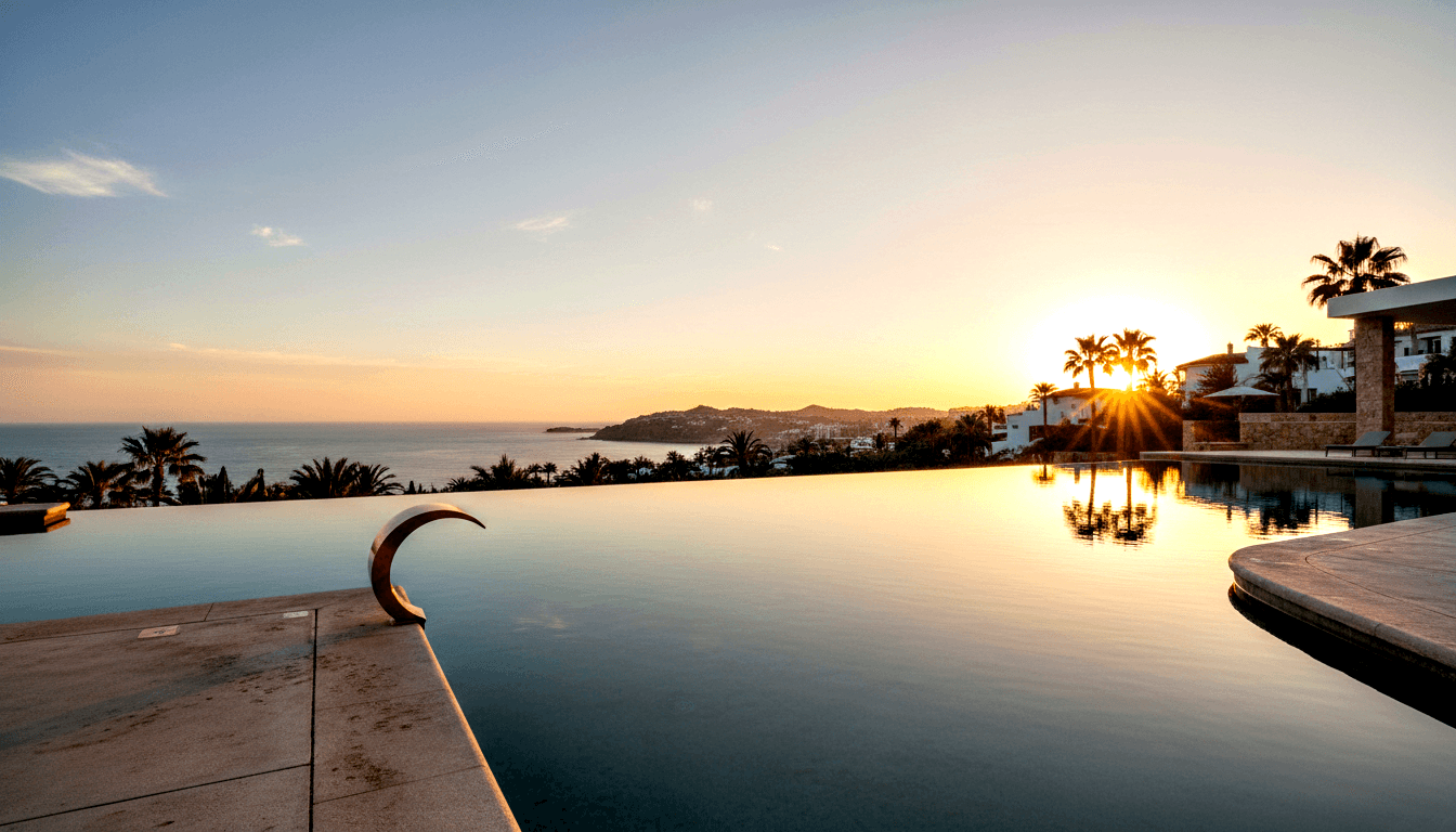 Infinity pool with crescent copper sculpture overlooking a bay of white buildings and palm trees under a golden sunset starburst.