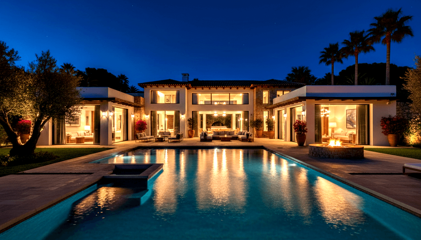 Two-story cream stucco home at twilight behind a glowing aqua rectangular pool, with fire pit, outdoor seating, and red flowering planters.
