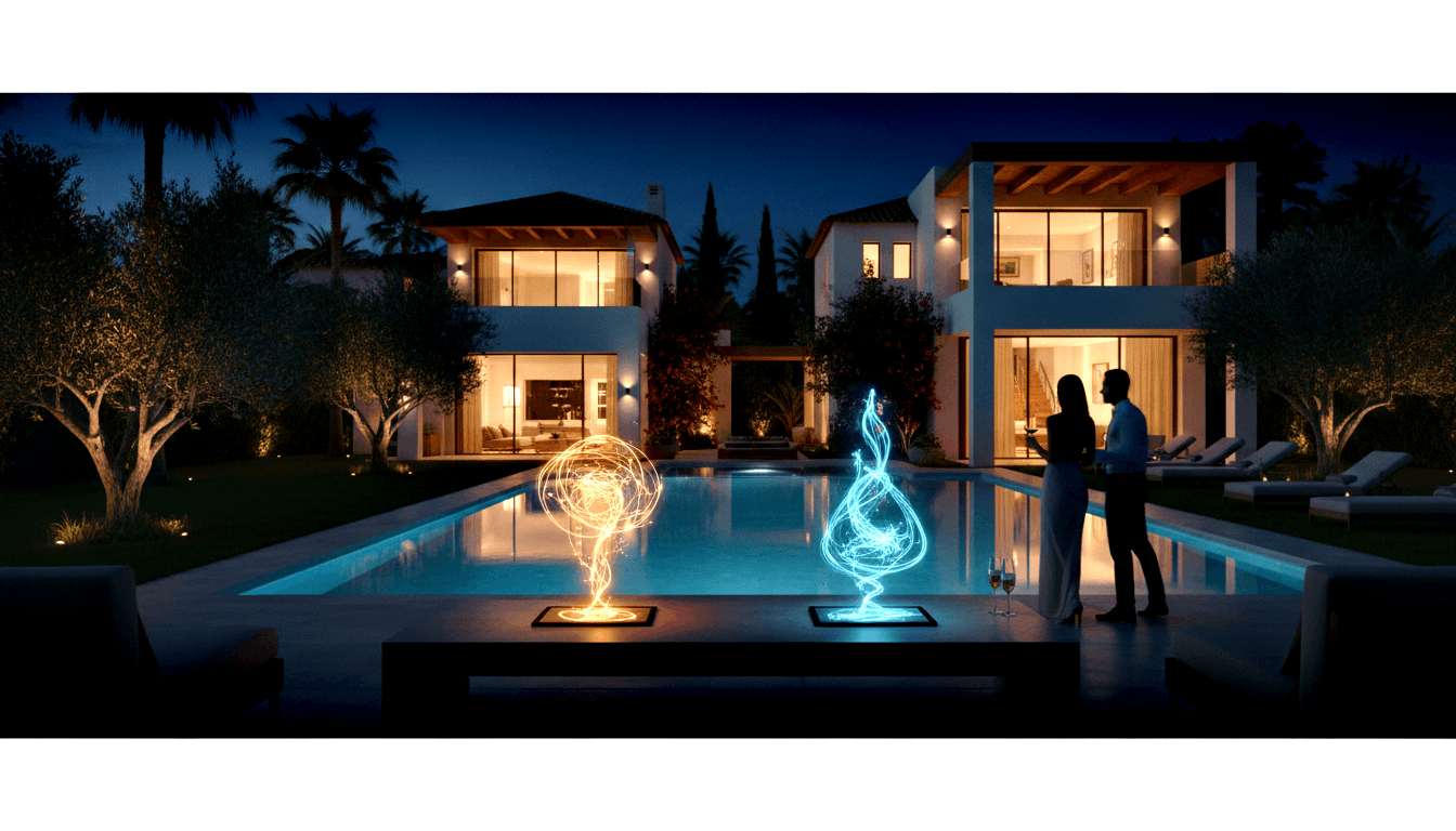 Illuminated pool flanked by amber and cyan glowing sculptures at night, with a modern villa behind and two silhouetted figures in the foreground.