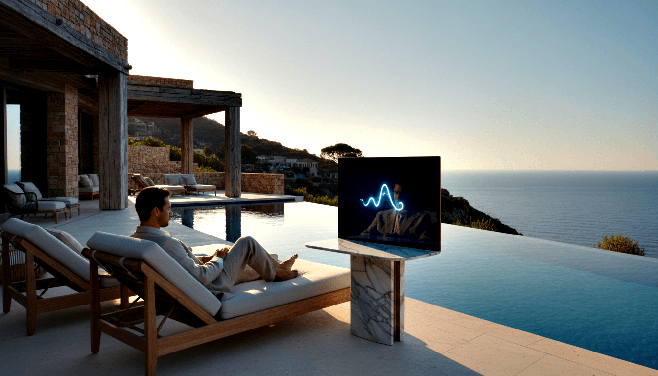 Barefoot man in beige loungewear reclines on a teak chair watching a TV on marble pedestal, infinity pool and sea horizon behind him.
