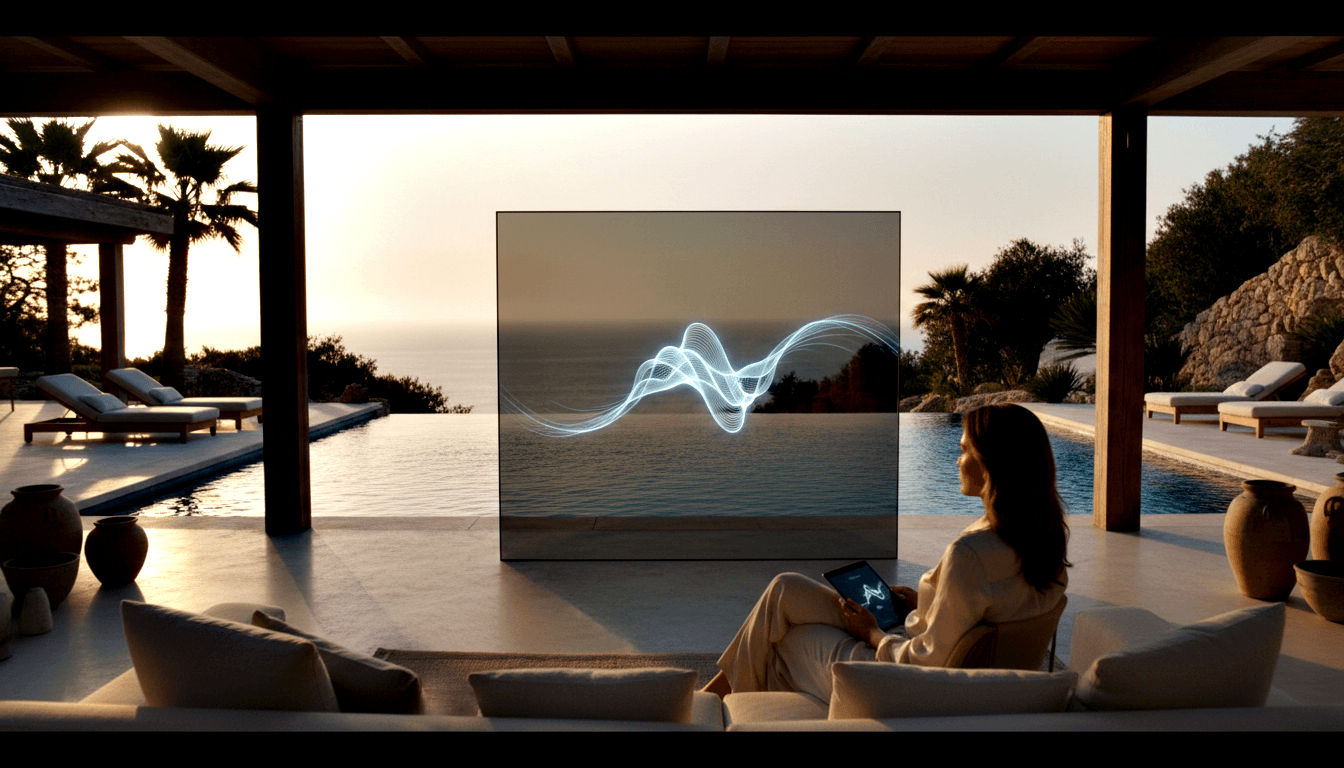 Woman on beige sofa holds tablet facing a transparent display showing a glowing blue-white wave, with an infinity pool and ocean beyond.