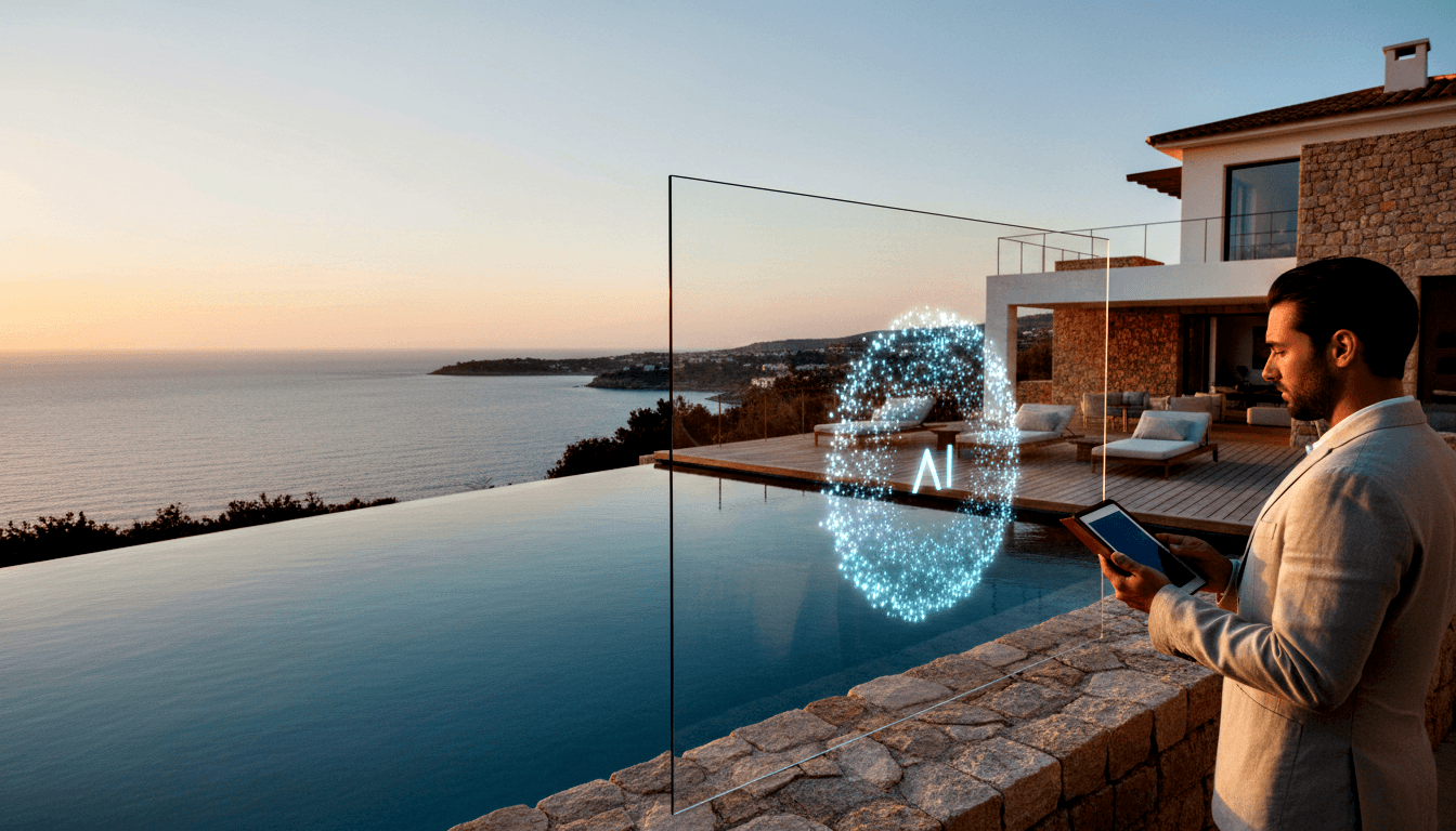Man in beige blazer with tablet beside glass panel showing cyan holographic brain and 'AI' text; infinity pool and dusk sky behind.