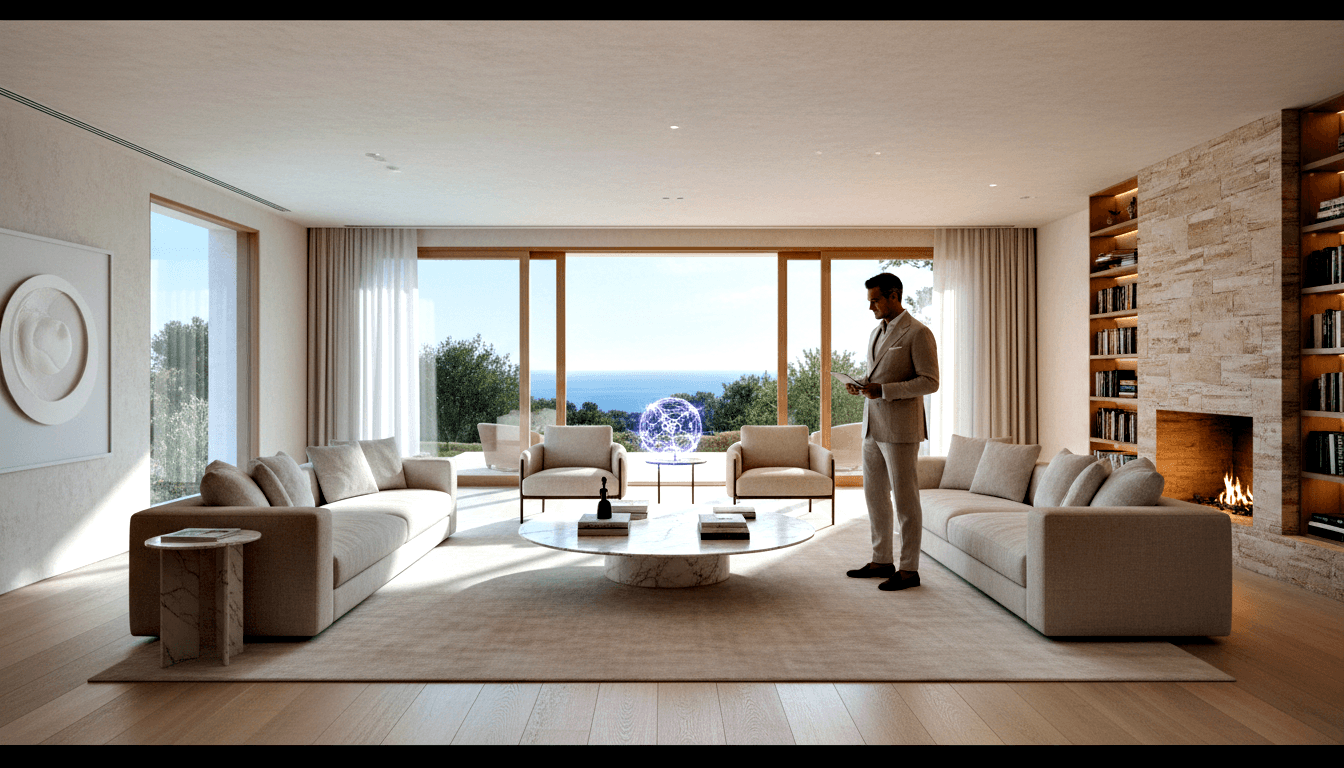 CGI living room with two cream sofas, marble oval coffee table, and a man in beige suit holding a device beside a glowing purple-violet sphere.