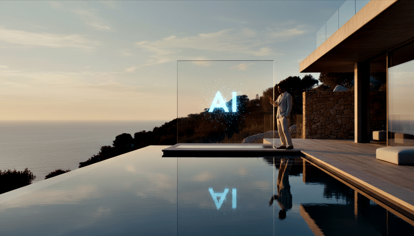 Man in cream suit touches cyan glowing 'AI' panel on villa terrace; infinity pool and ocean behind, golden-hour light.