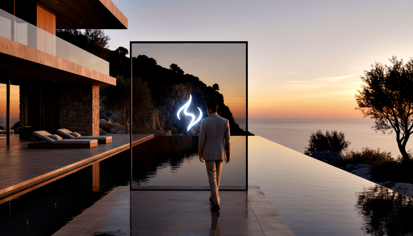Man in gray suit walking toward large black-framed portal with glowing white neon double-flame beside an infinity pool at golden hour.