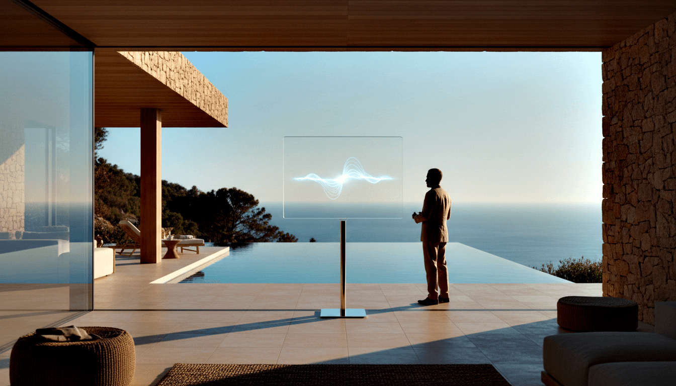 Backlit man in casual-smart attire facing a transparent display panel showing a glowing white-blue waveform on a slim metallic pedestal.