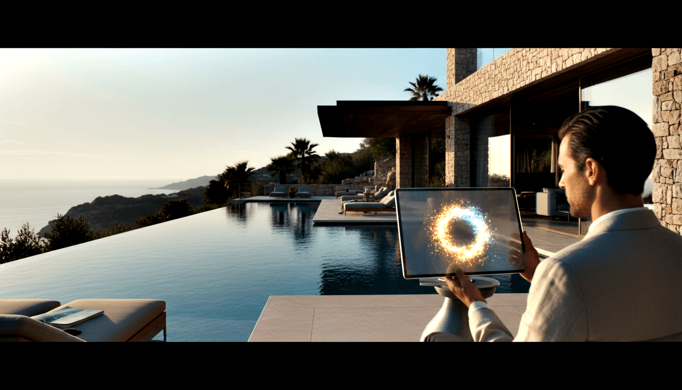 Man in beige linen blazer sits at infinity pool edge holding a display showing a glowing circular ring of orange flames and blue-white sparks.