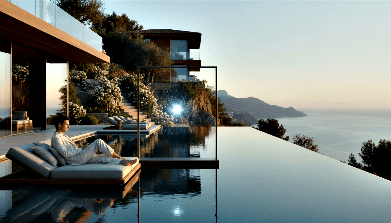 Barefoot man in white linen reclines on gray daybed at infinity pool edge toward mountainous coastal horizon in golden-hour light.