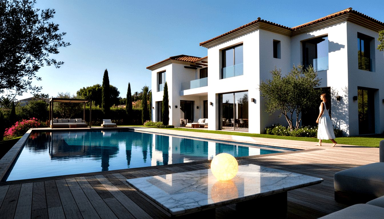 White villa with pool, wooden deck, cypress trees, pink shrubs; marble table with spherical lamp; woman in white dress nearby.