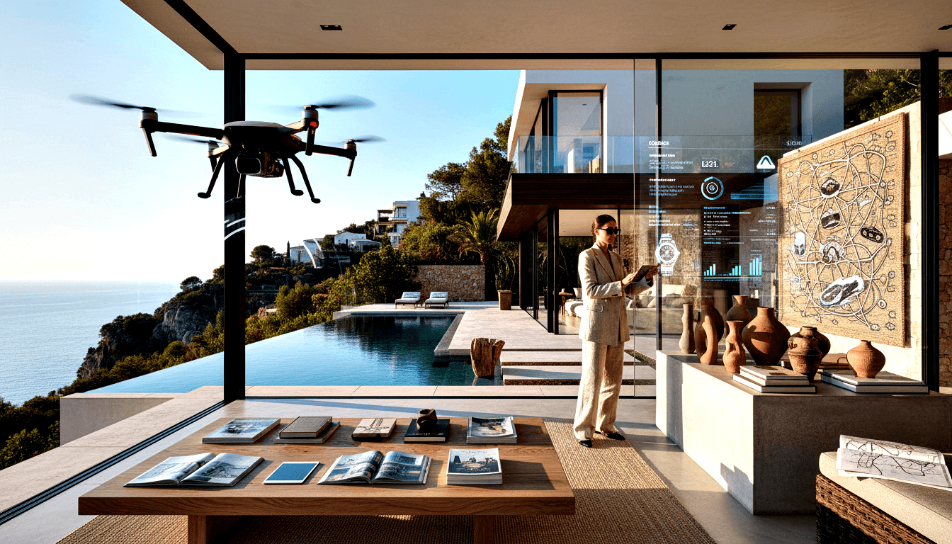 Woman in cream linen suit holds tablet facing holographic chart inside glass-walled interior opening to infinity pool and coastal hillside.