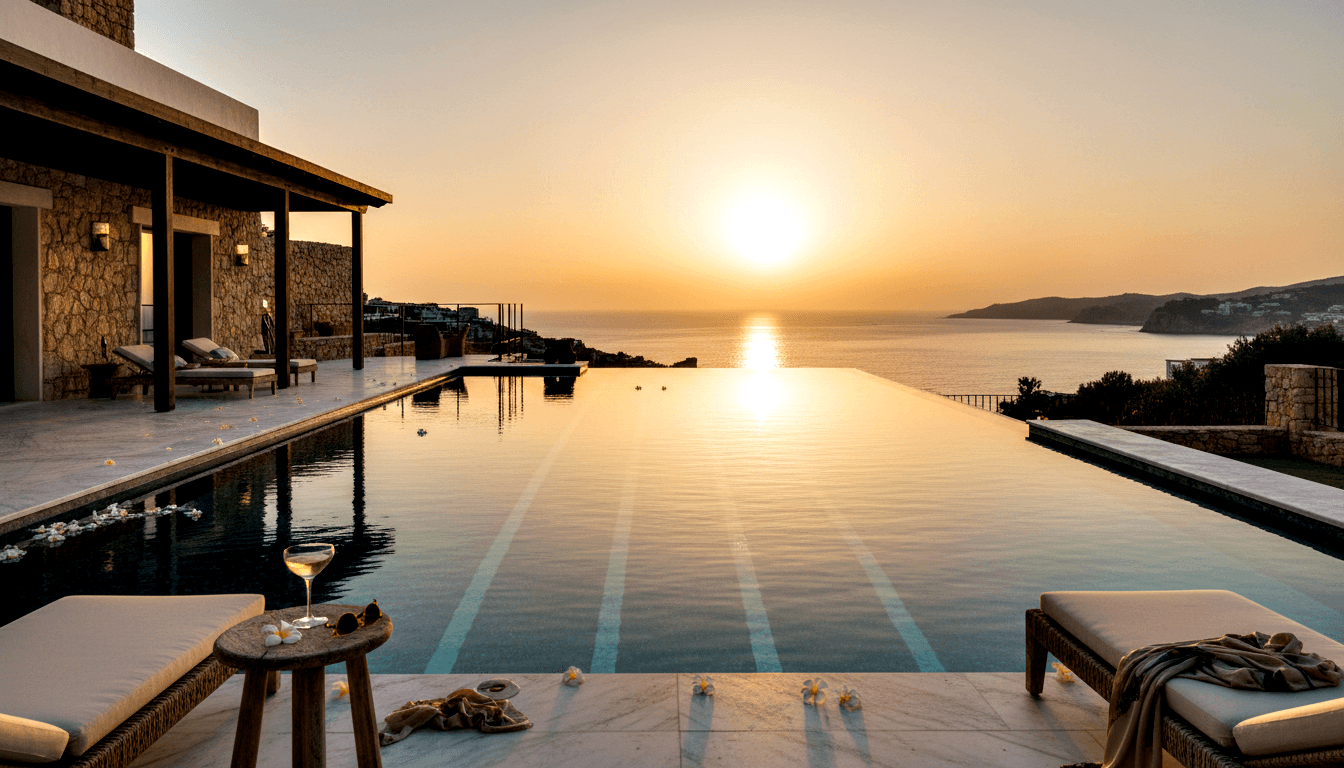 Infinity pool edged with flower petals meets calm sea at golden hour; lounge chairs flank a stool holding a stemmed glass.