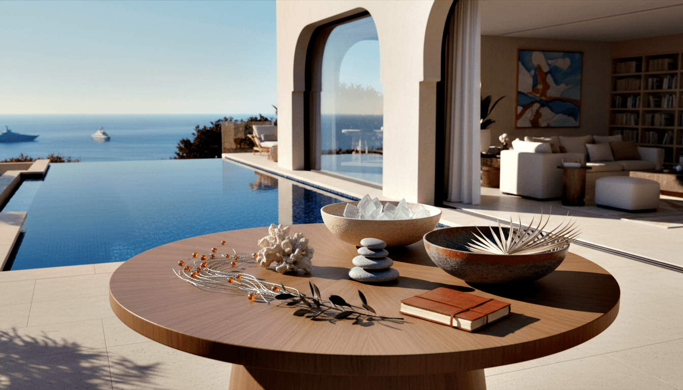 Walnut pedestal table with crystals, coral, stones, berries, journal; blue infinity pool merging with ocean through cream stucco arch.