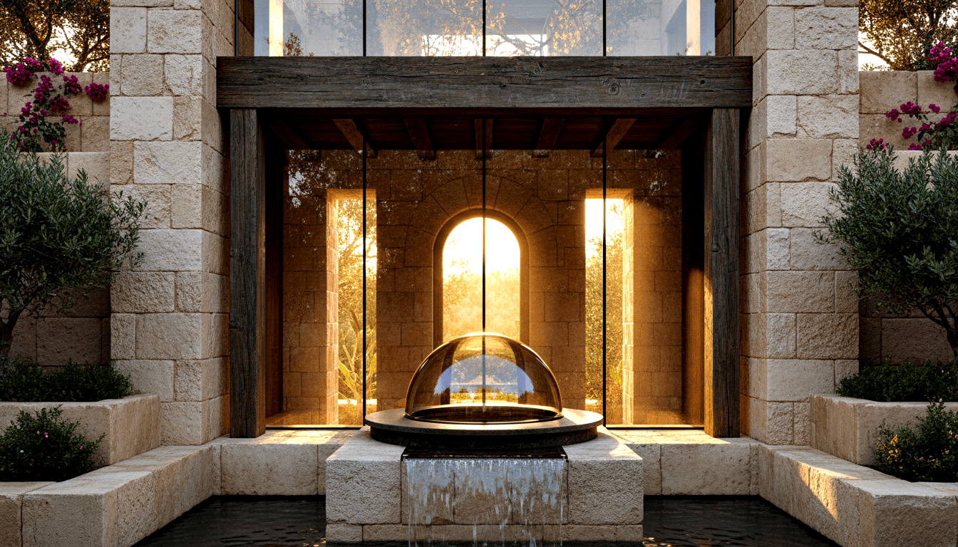 CGI courtyard: glass dome on dark pedestal, cascading water, limestone walls, olive trees, magenta bougainvillea, amber-lit arch.