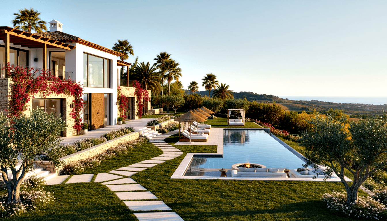 CGI hillside villa with cream walls, terracotta roof, infinity pool, sun loungers, thatched parasols, fire pit, and palm trees at dusk.