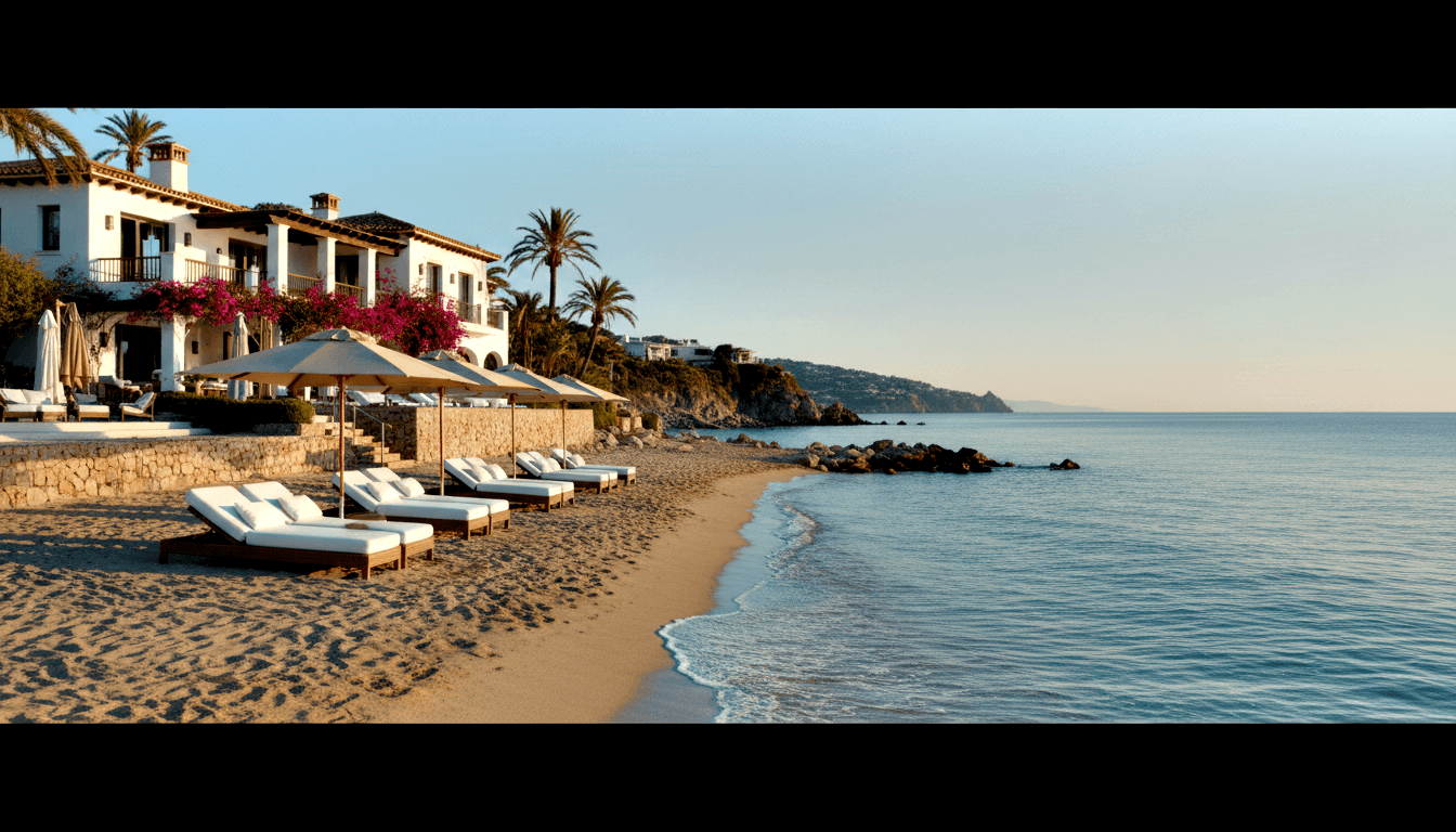 White-facade building draped in magenta vines beside sandy beach with white-cushioned sun loungers and beige umbrellas at golden hour.