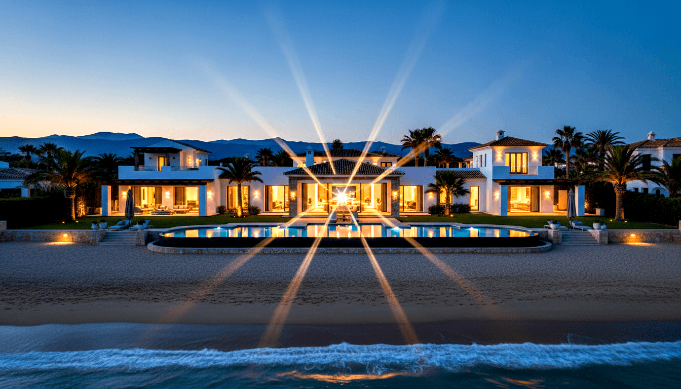 Symmetrical beachfront estate at blue hour with centered infinity pool, amber-lit glass doors, palm trees, and mountains under twilight sky.