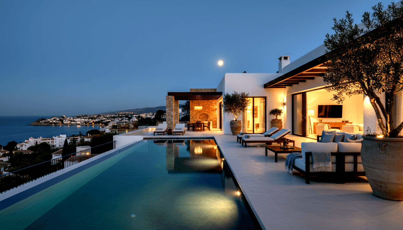 Hillside villa terrace at twilight with lit infinity pool leading to coastal bay and outdoor seating under a wooden pergola.