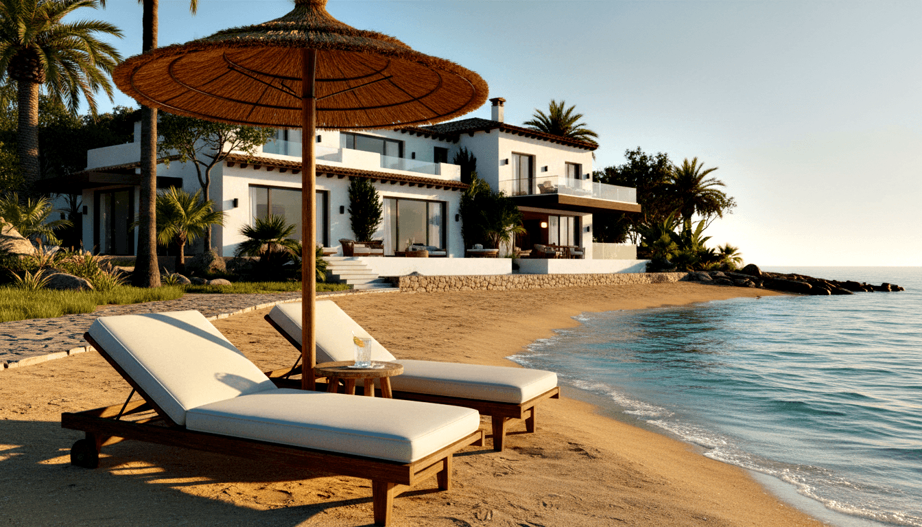 Two teak sun loungers with white cushions under a large round straw parasol on sandy beach, turquoise water and whitewashed villa behind.