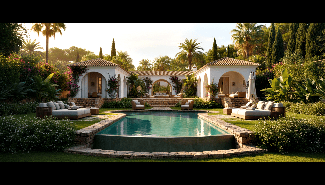 Rectangular pool with rounded ends flanked by lounge daybeds on green lawn, framed by white-stucco pavilions and cypress trees.