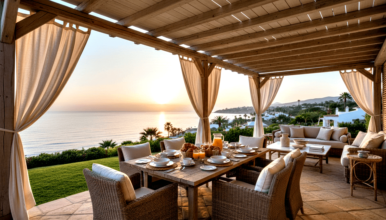 Wooden pergola over outdoor terrace with dining table set with croissants, orange juice, and wicker chairs; calm sea and palm trees beyond.