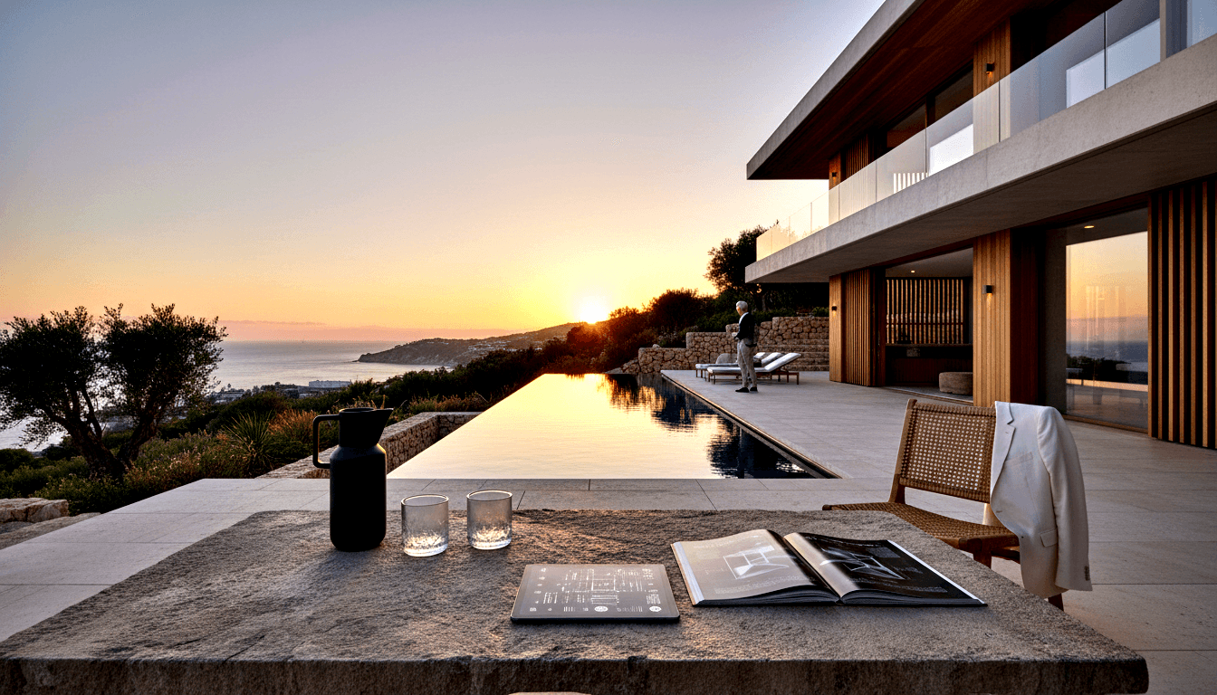 Coastal terrace infinity pool at golden hour; stone table with carafe and book, silver-haired figure silhouetted at pool's edge.