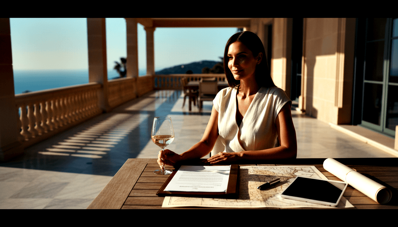 Woman in white sleeveless top sits at stone terrace with wine glass, map, documents, tablet; blue sea beyond balustrade.