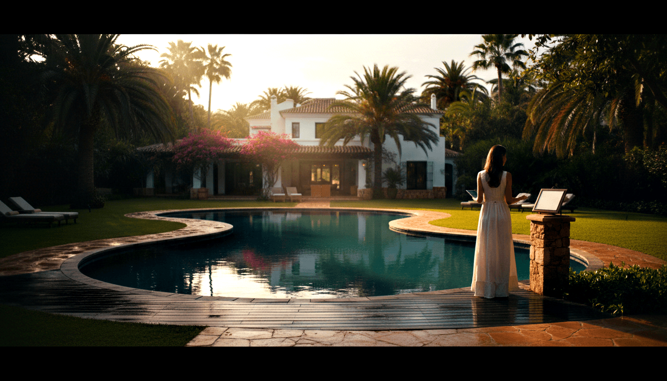 Woman in long white dress stands at pool's edge facing a display on stone pedestal, beside a teal kidney-shaped pool at golden hour.