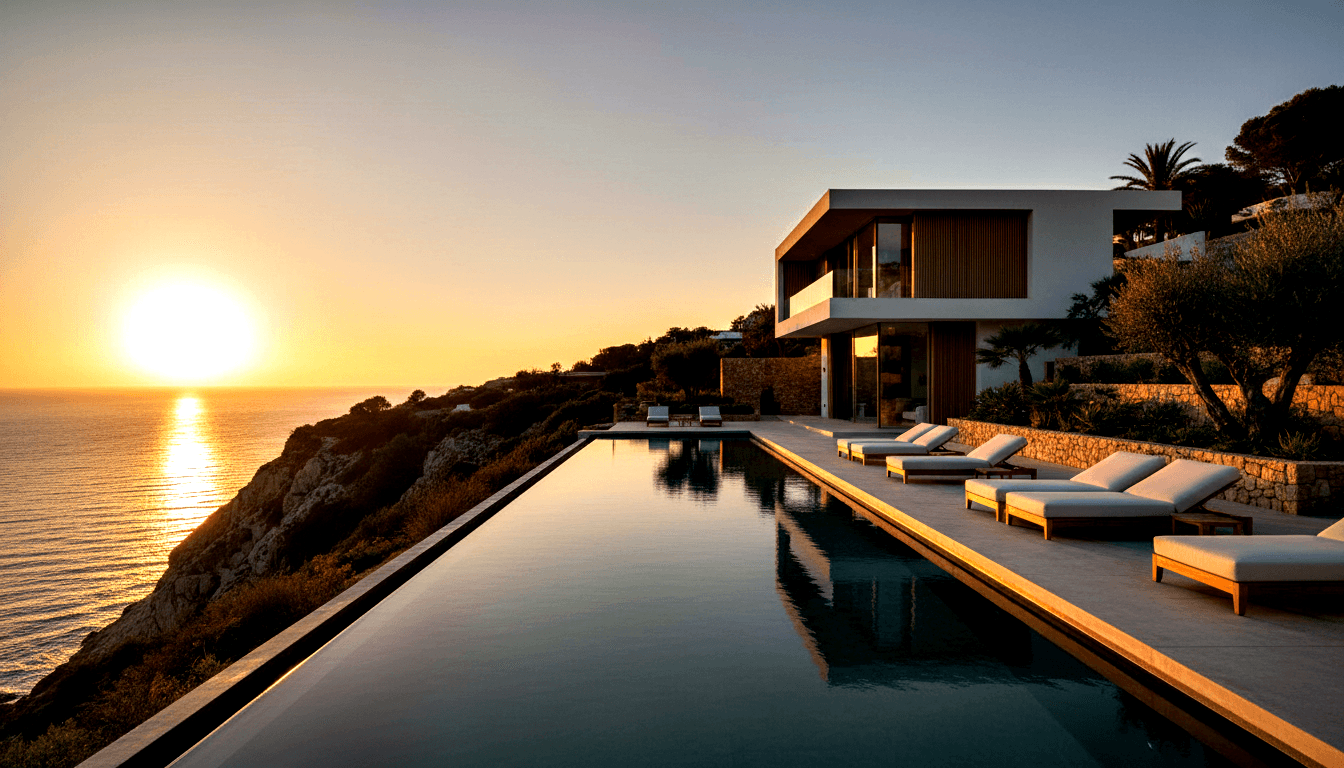White flat-roofed villa on rocky cliff; teal infinity pool with cream loungers merges with ocean in golden sunrise light.