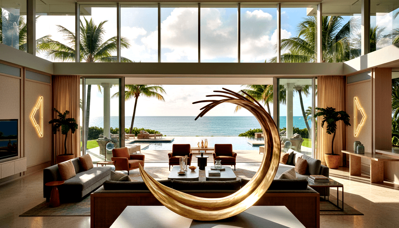 Symmetrical living room with gold crescent sculpture, charcoal sofas, burgundy armchairs, neon wall fixtures, ocean view beyond.