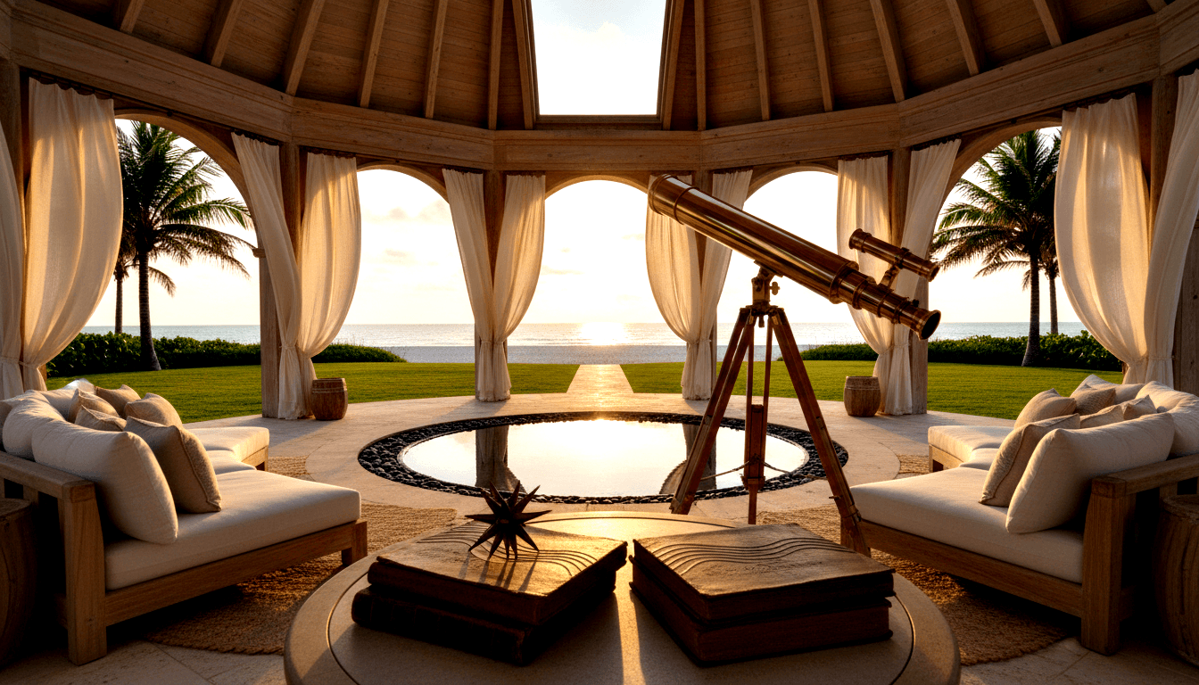 Domed open-air wooden pavilion with brass telescope on tripod, open book and star ornament on table, two sofas, ocean visible through arch.