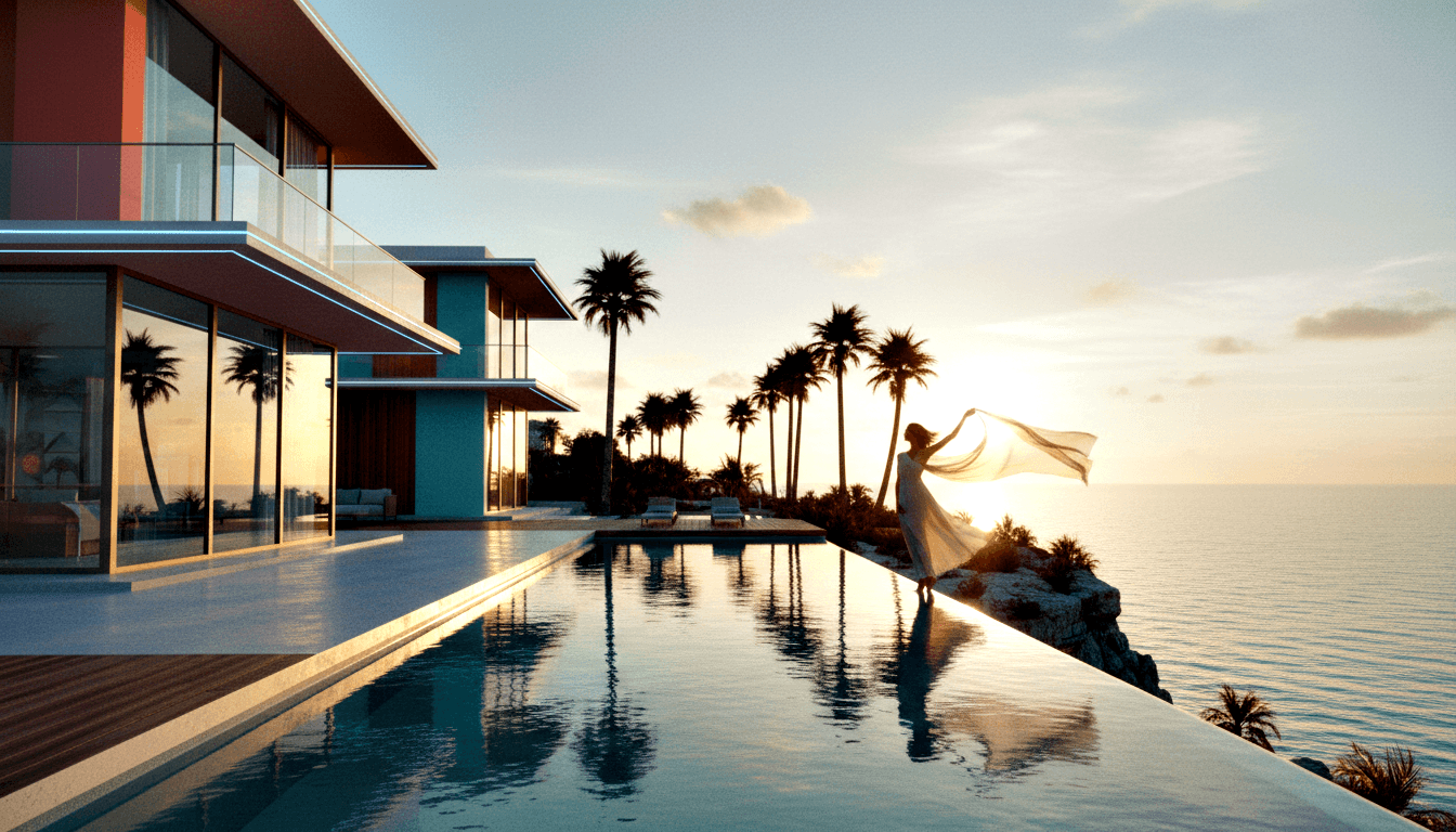 CGI coastal villa at sunset with infinity pool; woman in billowing white gown stands at pool's edge, ocean and golden sky behind.