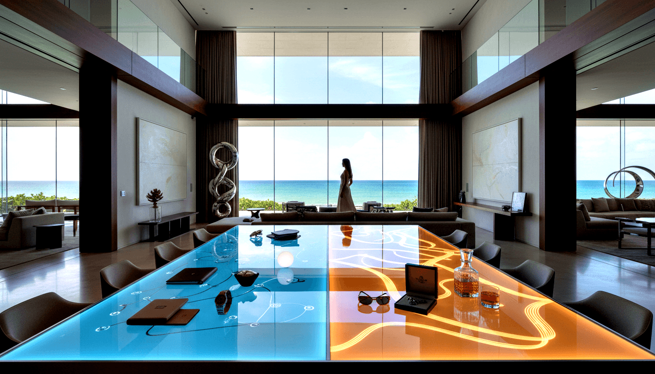 Luxury items on split blue-amber lit table; silhouetted woman in gown gazes at turquoise ocean beyond dark wood columns.