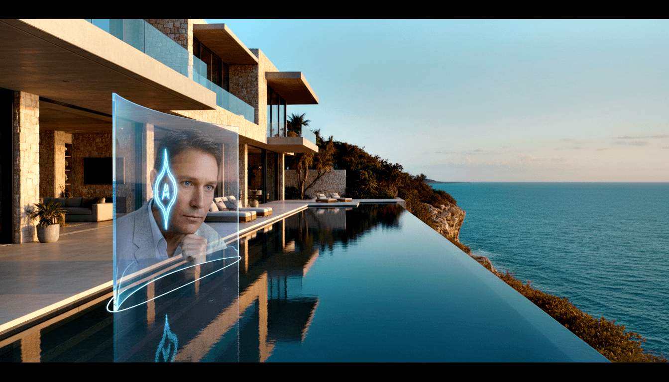 Holographic panel showing a middle-aged man in grey blazer beside a clifftop villa with infinity pool, glass railings, and palms.