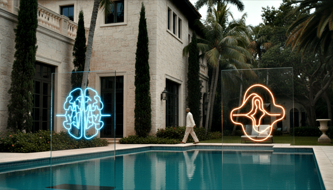 Male figure in white suit walking between two glass panels displaying neon brain and abstract fluid star, beside a pool near a limestone mansion.