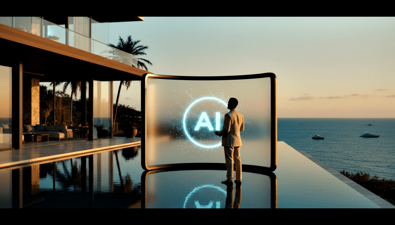Person in cream suit facing curved screen with glowing AI emblem beside an infinity pool at twilight, ocean horizon beyond glass balustrade.