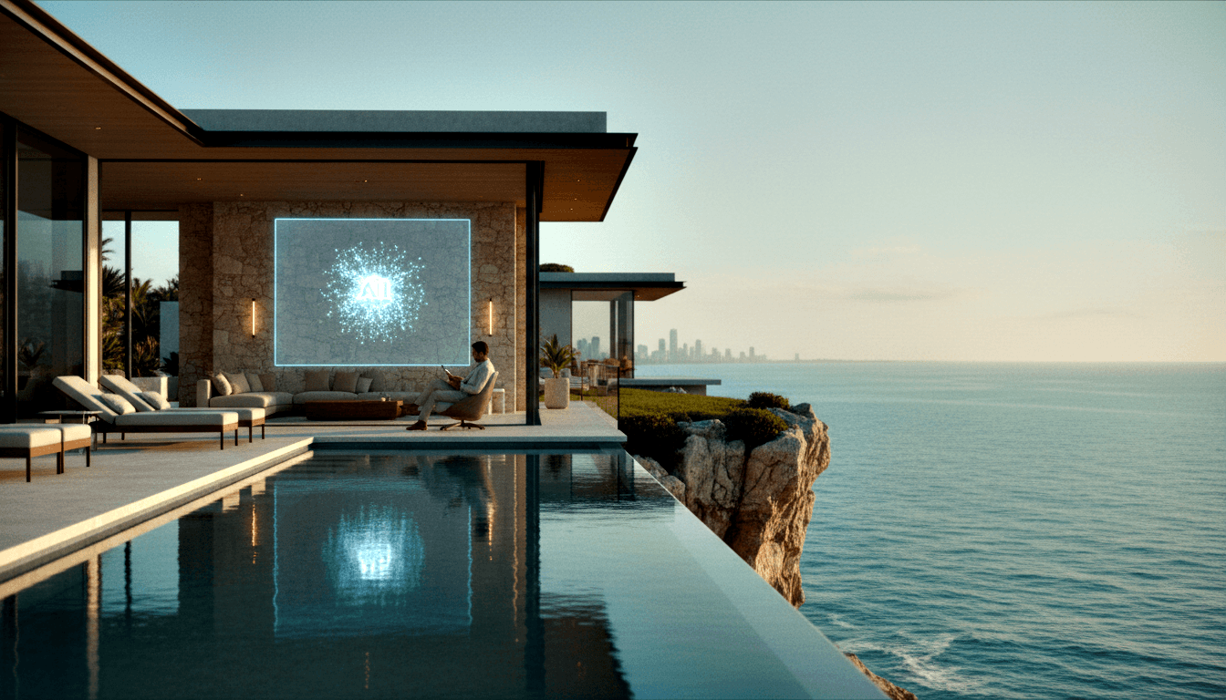 CGI clifftop villa at golden hour with infinity pool, outdoor seating, tropical plantings, and one adult holding a device.