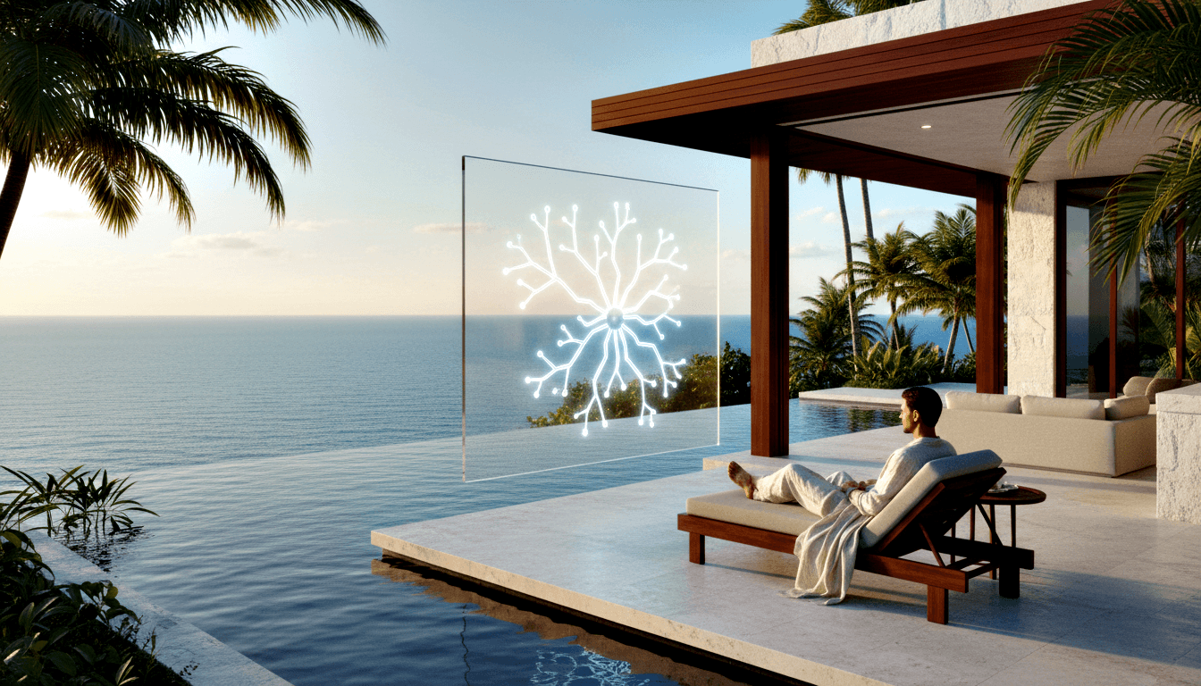 Man in cream attire reclines by infinity pool at golden hour, facing a glass panel displaying a glowing white neuron diagram.