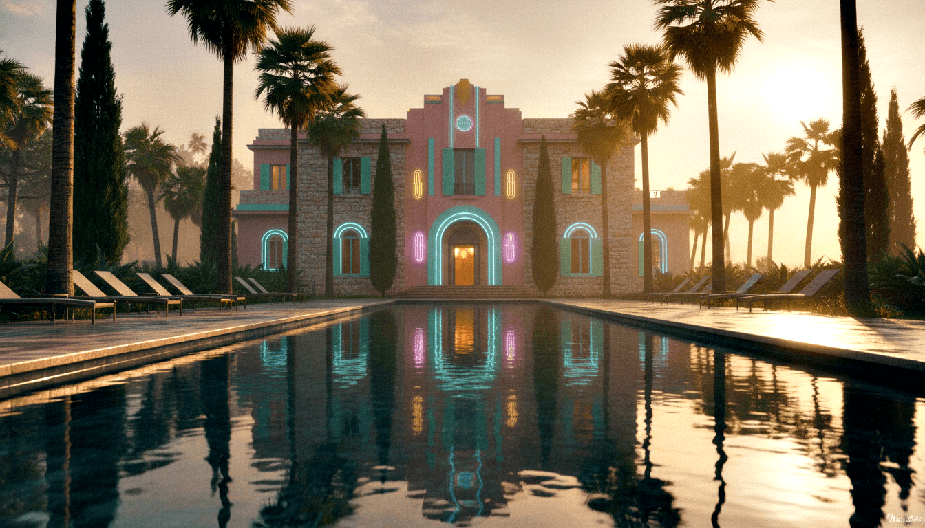 Symmetrical terracotta-pink villa facade with teal and magenta neon accents reflected in a long rectangular pool at golden hour.