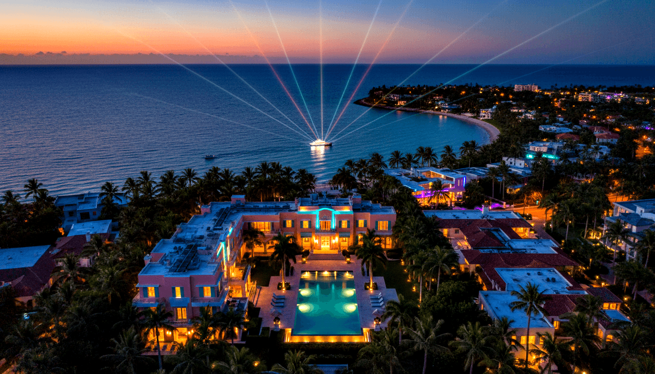 Aerial twilight view of a multi-wing estate with terracotta roofs, glowing teal pool, palm trees, and coastal bay waters.