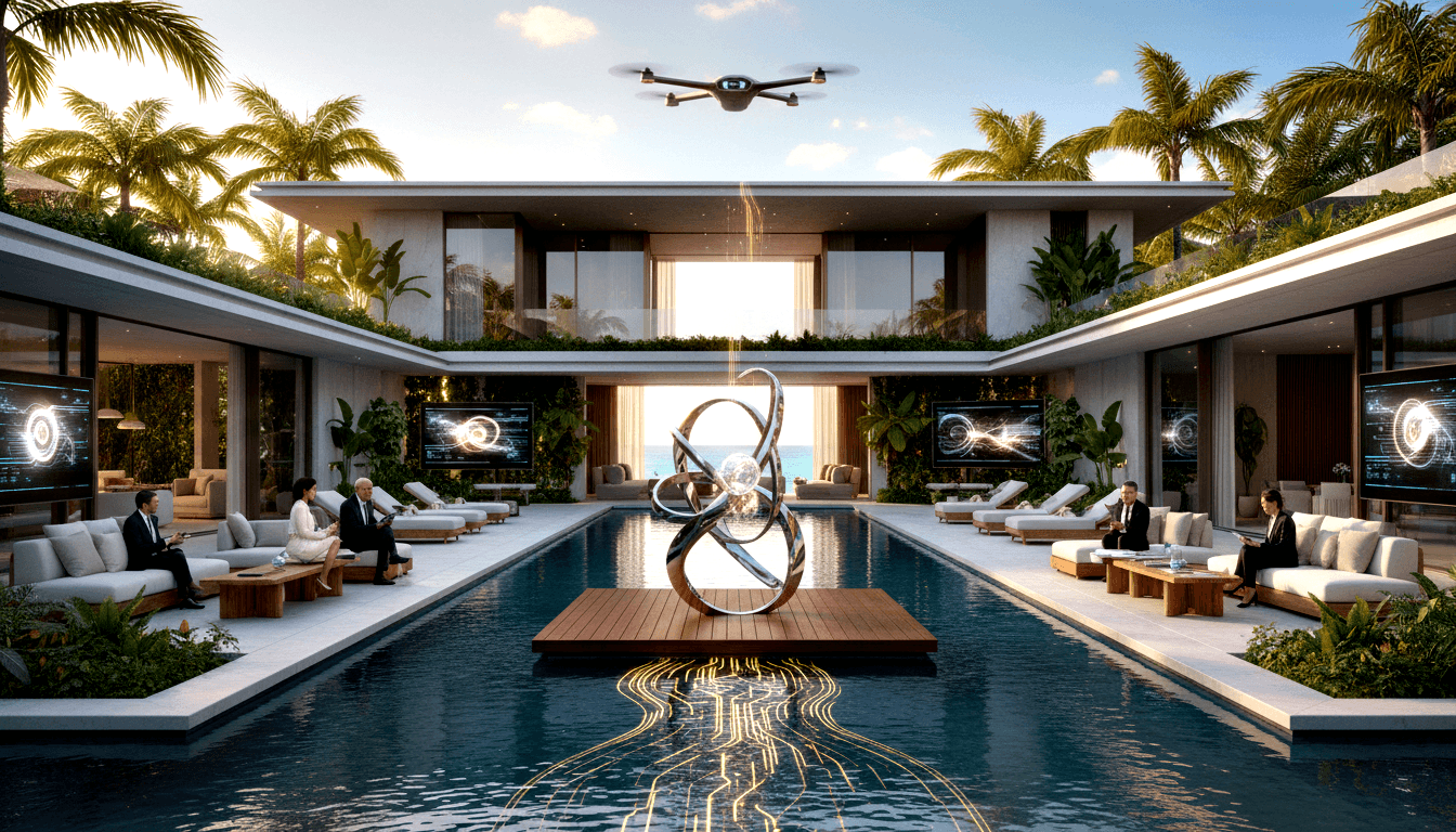 CGI villa courtyard: rectangular pool, chrome orbital sculpture on deck, five figures on white sofas, ocean horizon framed by palms.
