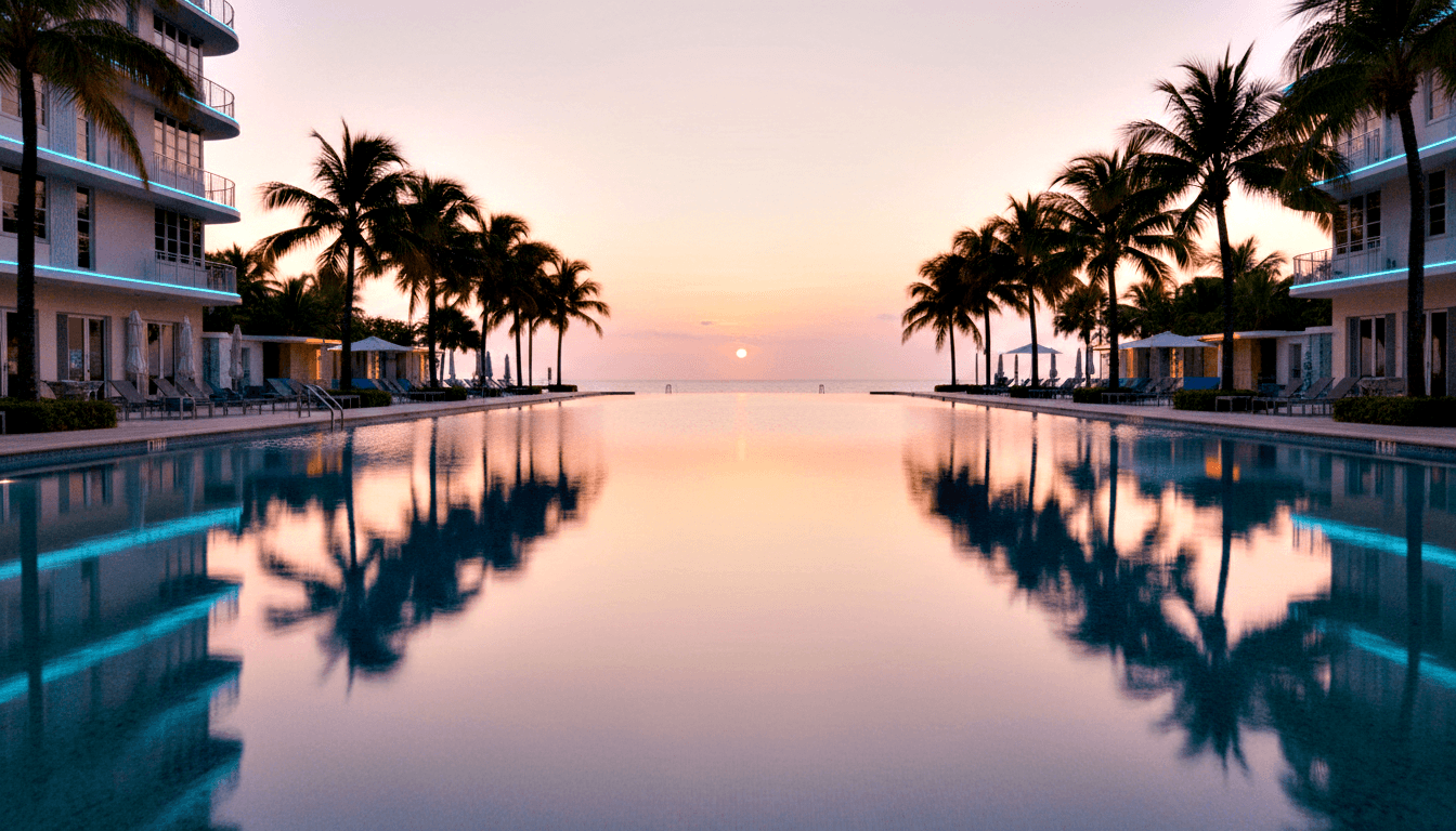 Infinity pool with teal LED edges extends toward a sunset horizon between multi-story resort buildings and silhouetted palm trees.