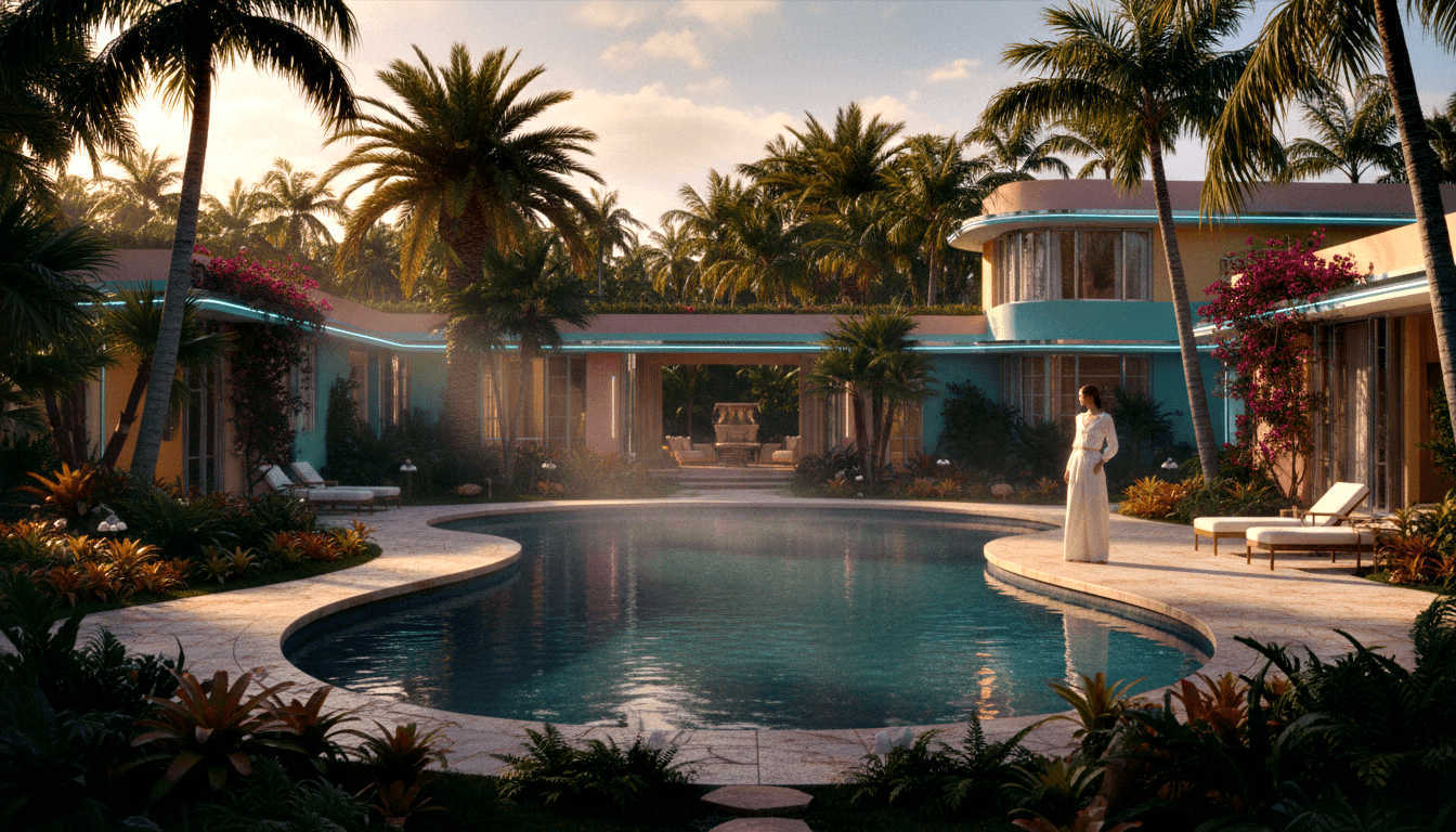 CGI render of a U-shaped tropical villa surrounding a freeform oval pool, with lounge chairs, palms, and a woman in a white outfit on the deck.