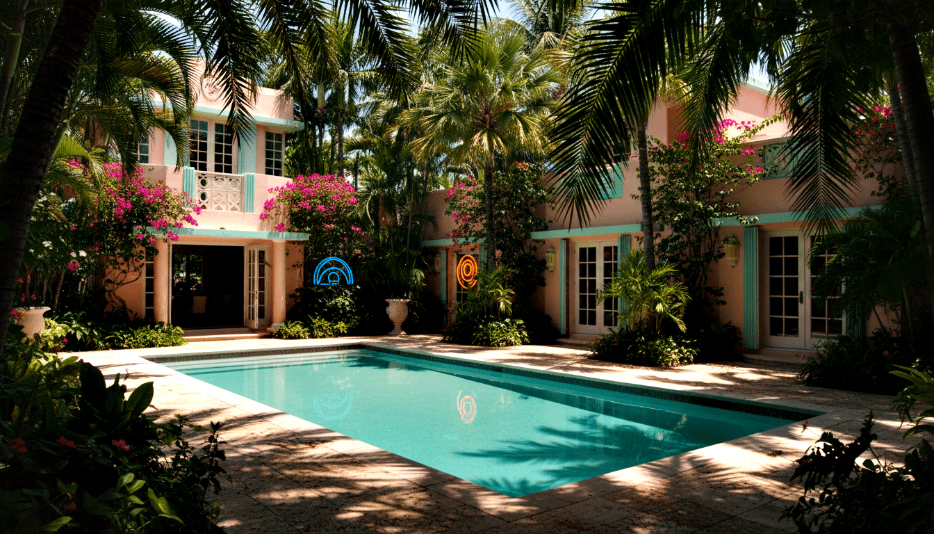 Coral-pink two-story Art Deco villa with turquoise trim and pool, flanked by palms, magenta bougainvillea, and neon spiral objects.