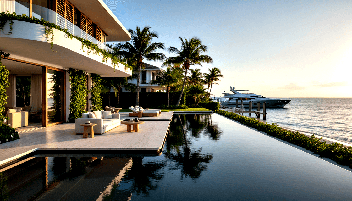 White multi-story villa with cantilevered balconies, vine-covered facade, infinity pool merging with ocean, and motor yacht at private dock.