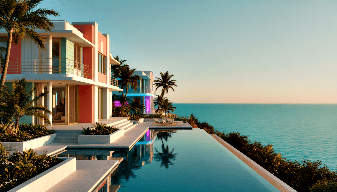 CGI render of coral-pink modernist residential complex with infinity pool, lounge chairs, tropical palms, and ocean view under golden-hour sky.