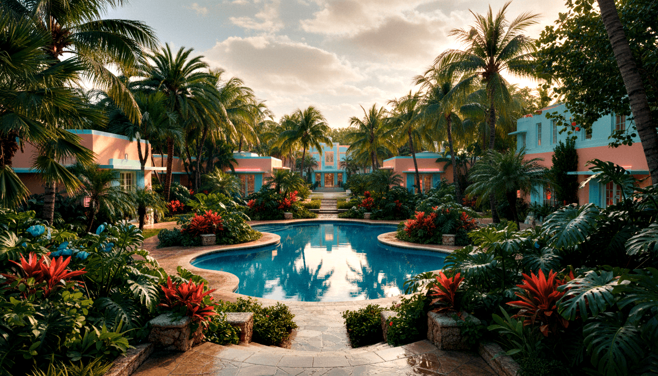 Kidney-shaped pool flanked by coral-pink and turquoise Art Deco buildings, palms, and red bromeliads under golden-hour clouds.