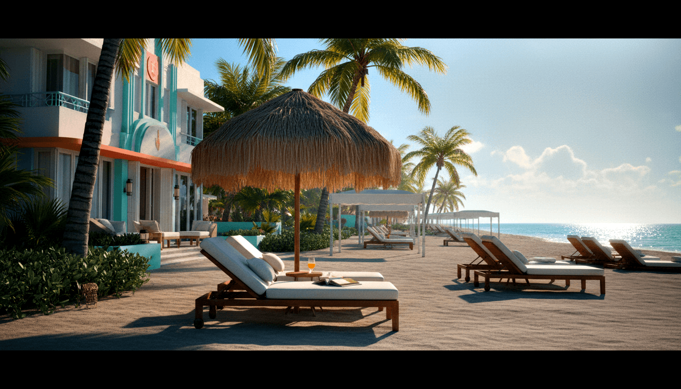 CGI tropical beach resort with lounge chairs under thatched palapa, Art Deco hotel with teal accents, and turquoise ocean.